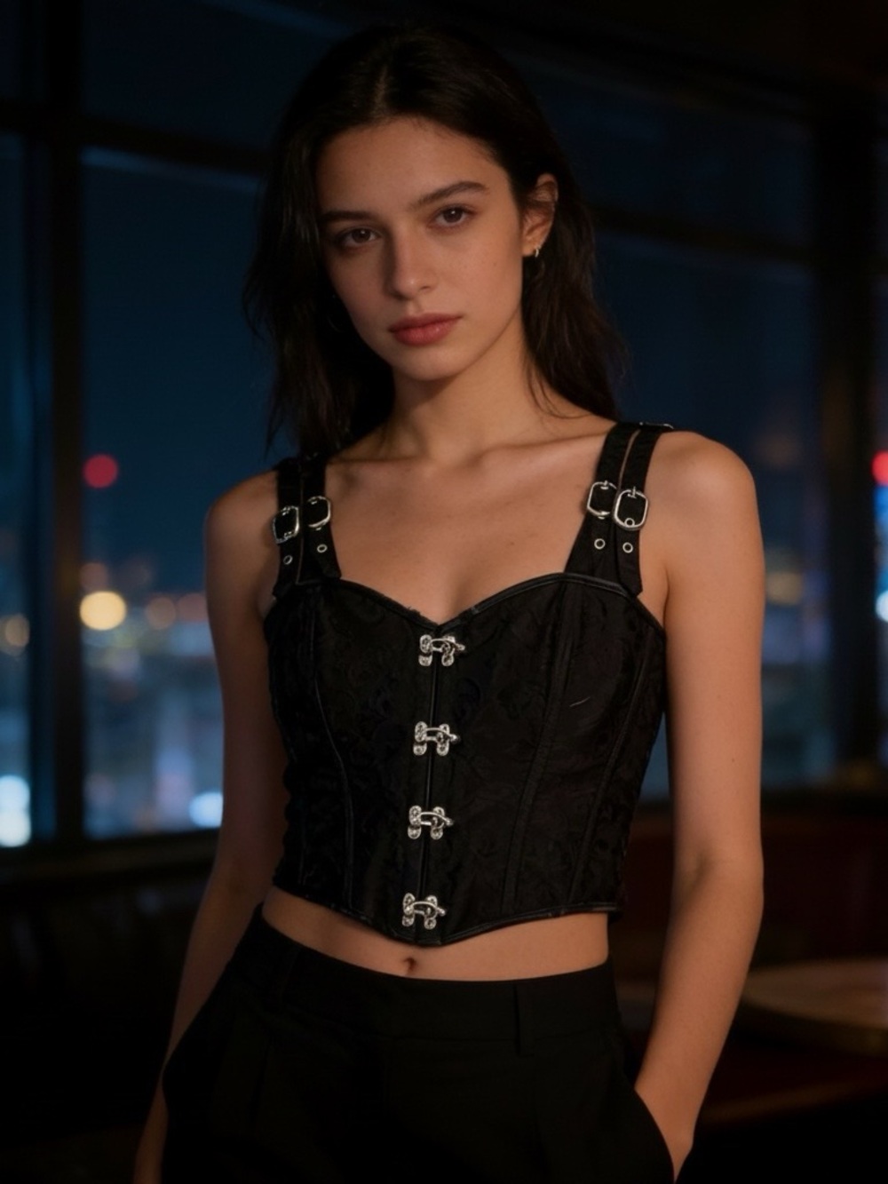 Black Buckle-Detail Corset Top
